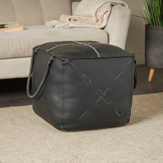 22" Leather Pouf with Woven Straps & Handles